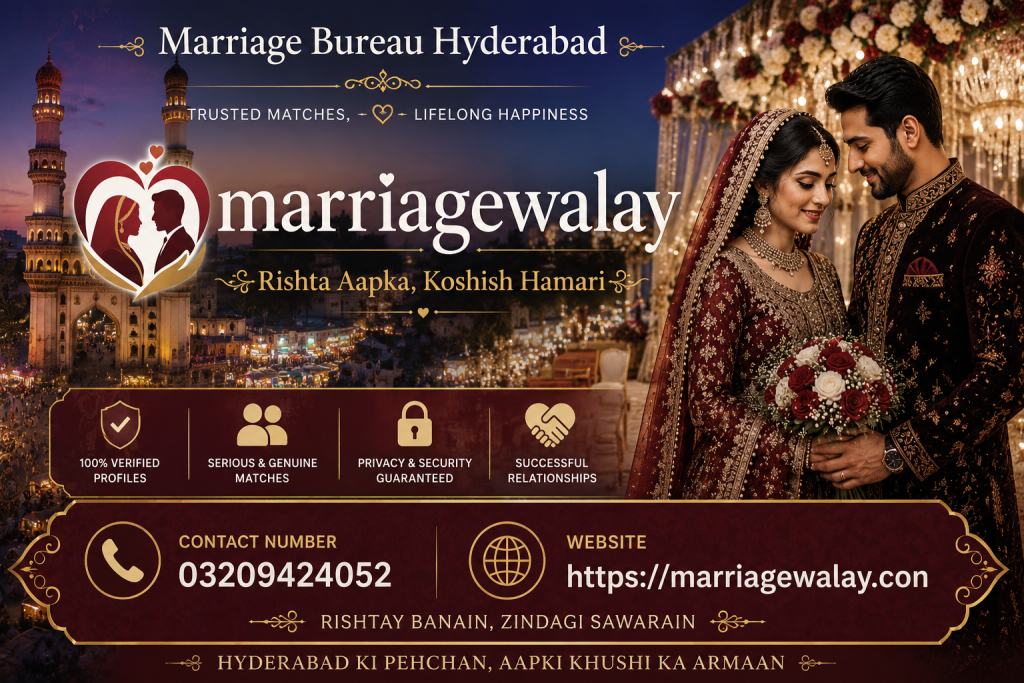 Marriage Bureau Hyderabad banner with couple and Charminar background showing verified profiles