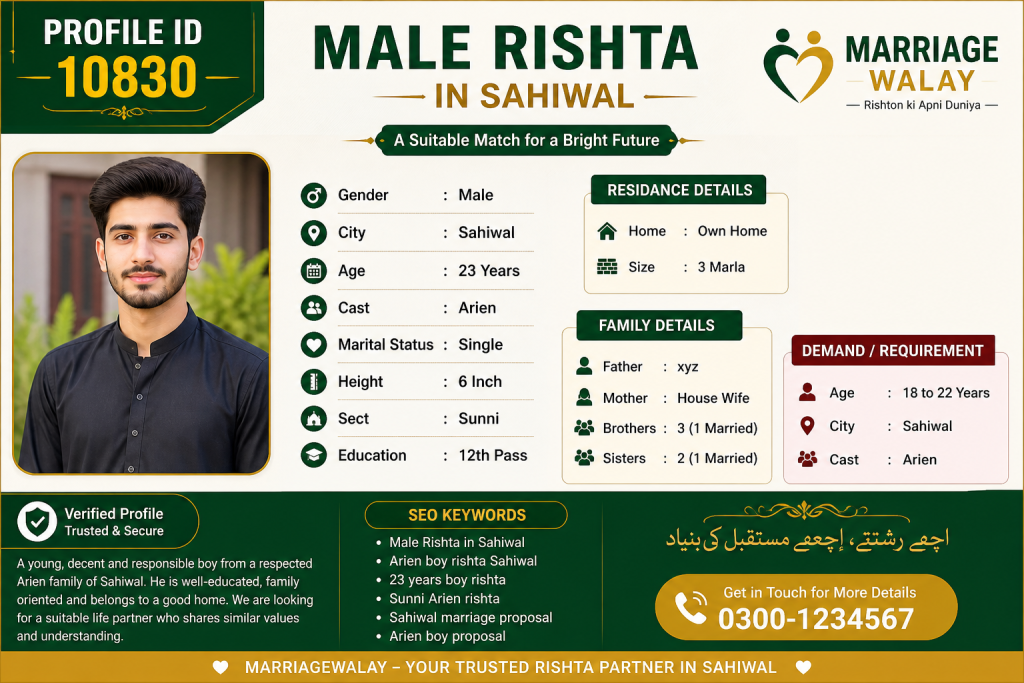 Exclusive Male Rishta in Sahiwal – Profile 10830 Arien Sunni Proposal (Age 23) Male Rishta in Sahiwal